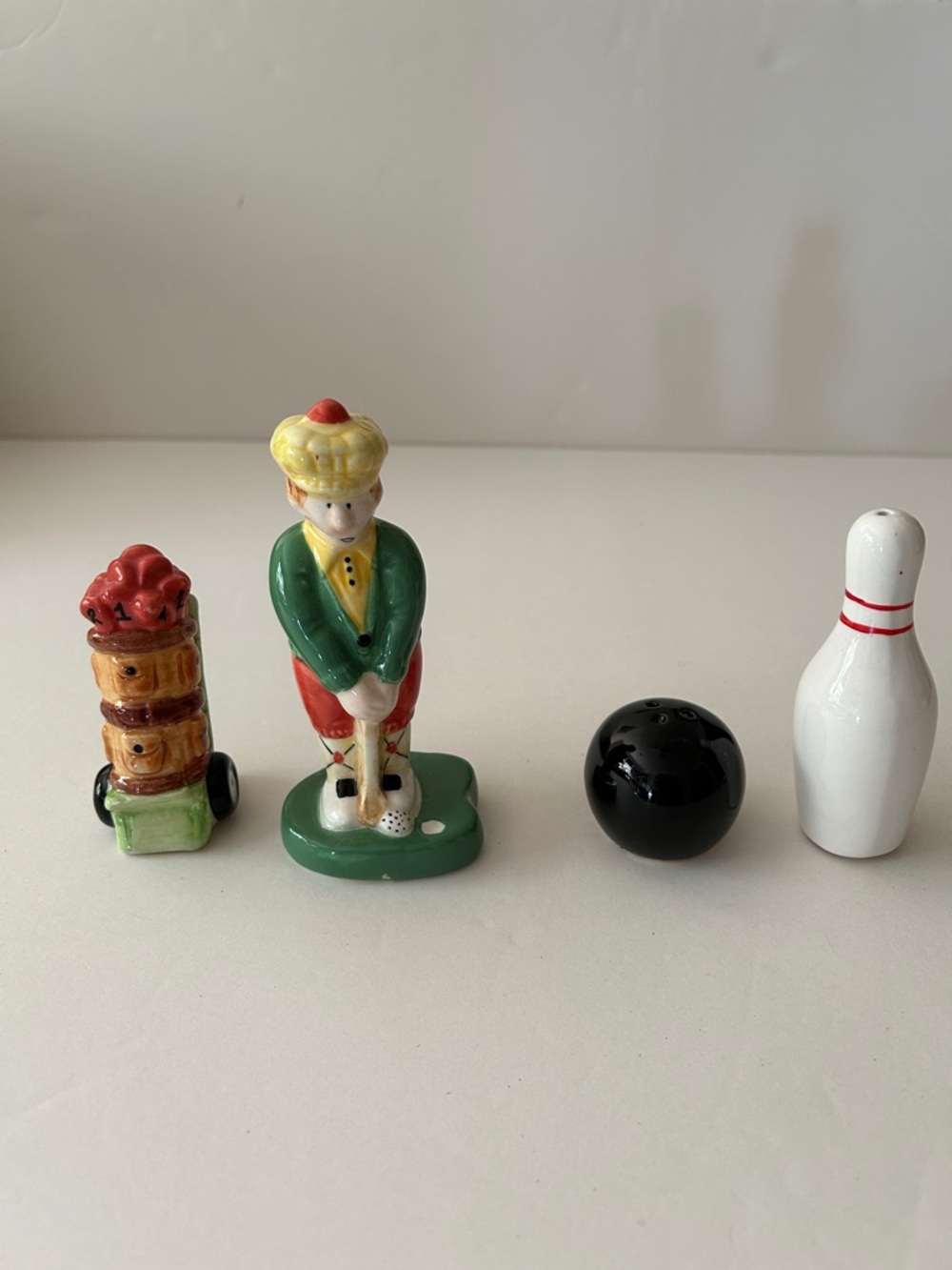 Vintage Ceramic Golf and Bowling Figurine Set - Green, Red, Black